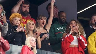 Taylor Swift chugs her drink on the Jumbotron at Super Bowl 58